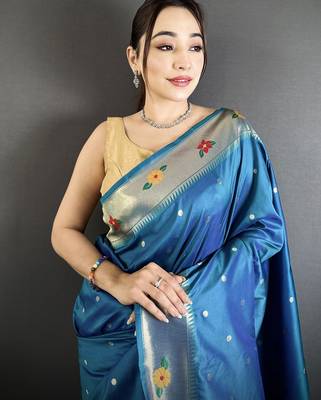 Women teal blue parrot & floral woven design lichi silk saree 4