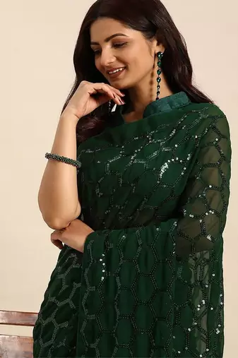 Women gorgette green zari lace work saree