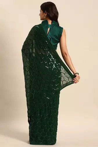 Women gorgette green zari lace work saree