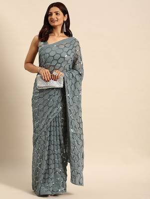Women gorgette grey zari lace work saree 1