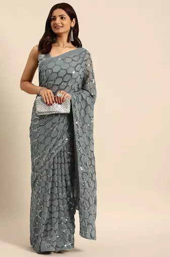 Women gorgette grey zari lace work saree