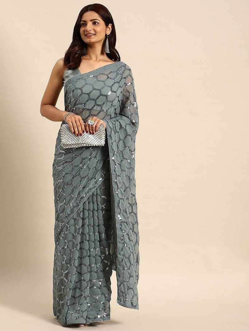 Women gorgette grey zari lace work saree