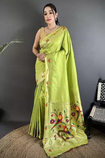Women lime green parrot & floral woven design lichi silk saree