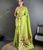 Women lime green parrot & floral woven design lichi silk blend saree