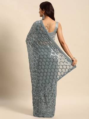 Women gorgette grey zari lace work saree 2