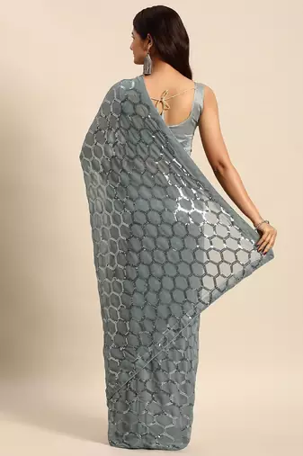 Women gorgette grey zari lace work saree