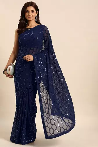 Women gorgette nblue zari lace work saree