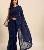Women gorgette nblue zari lace work saree