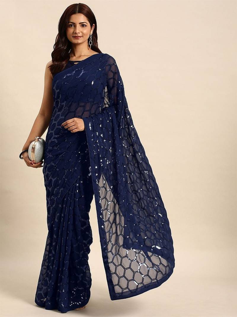 Women gorgette nblue zari lace work saree