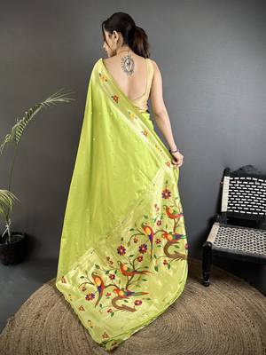 Women lime green parrot & floral woven design lichi silk blend saree 3