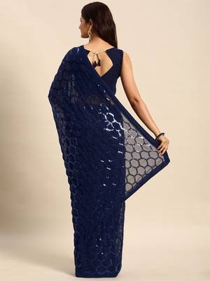Women gorgette nblue zari lace work saree 2