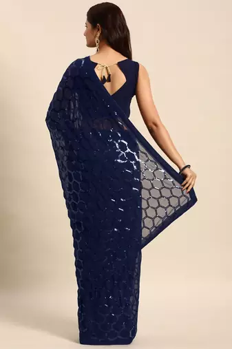 Women gorgette nblue zari lace work saree