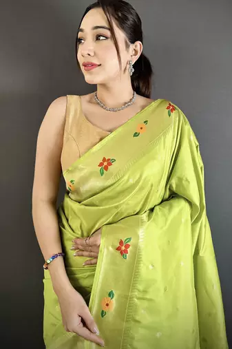 Women lime green parrot & floral woven design lichi silk saree
