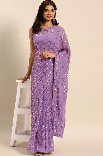 Women gorgette onion zari lace work saree