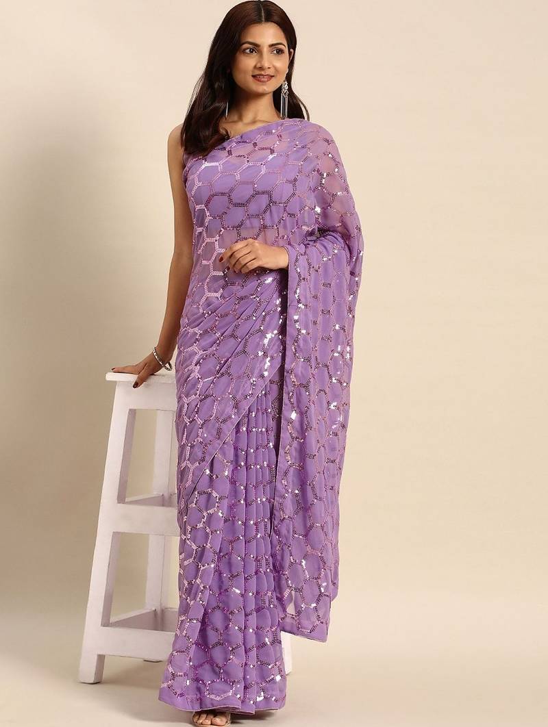 Women gorgette onion zari lace work saree