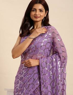 Women gorgette onion zari lace work saree 2