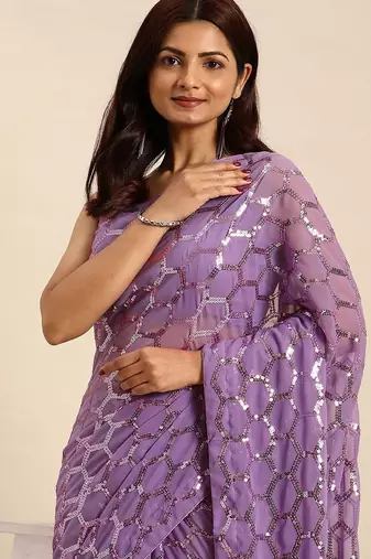 Women gorgette onion zari lace work saree