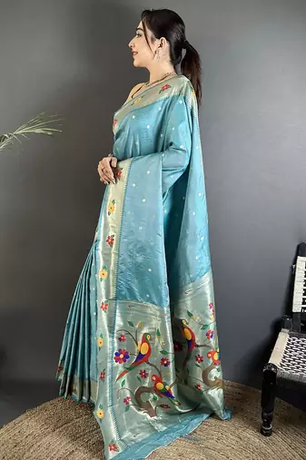Women light blue parrot & floral woven design lichi silk saree
