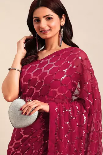 Women gorgette pink zari lace work saree