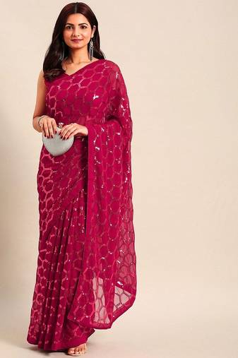 Women gorgette pink zari lace work saree