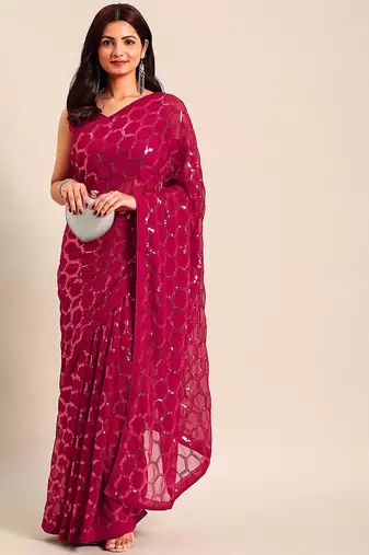 Women gorgette pink zari lace work saree
