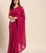 Women gorgette pink zari lace work saree