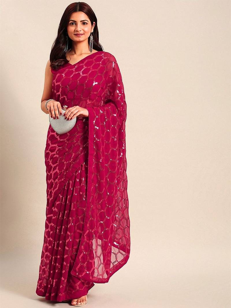 Women gorgette pink zari lace work saree