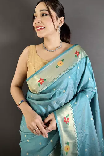 Women light blue parrot & floral woven design lichi silk saree