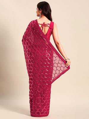 Women gorgette pink zari lace work saree 4