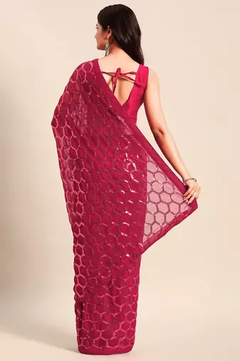 Women gorgette pink zari lace work saree