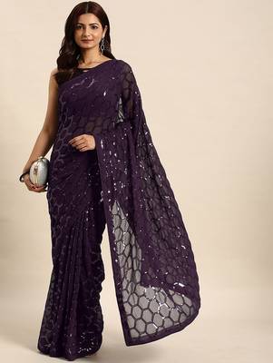Women gorgette wine zari lace work saree 1