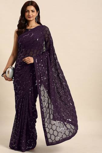 Women gorgette wine zari lace work saree
