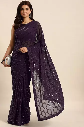 Women gorgette wine zari lace work saree