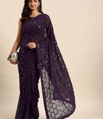 Women gorgette wine zari lace work saree