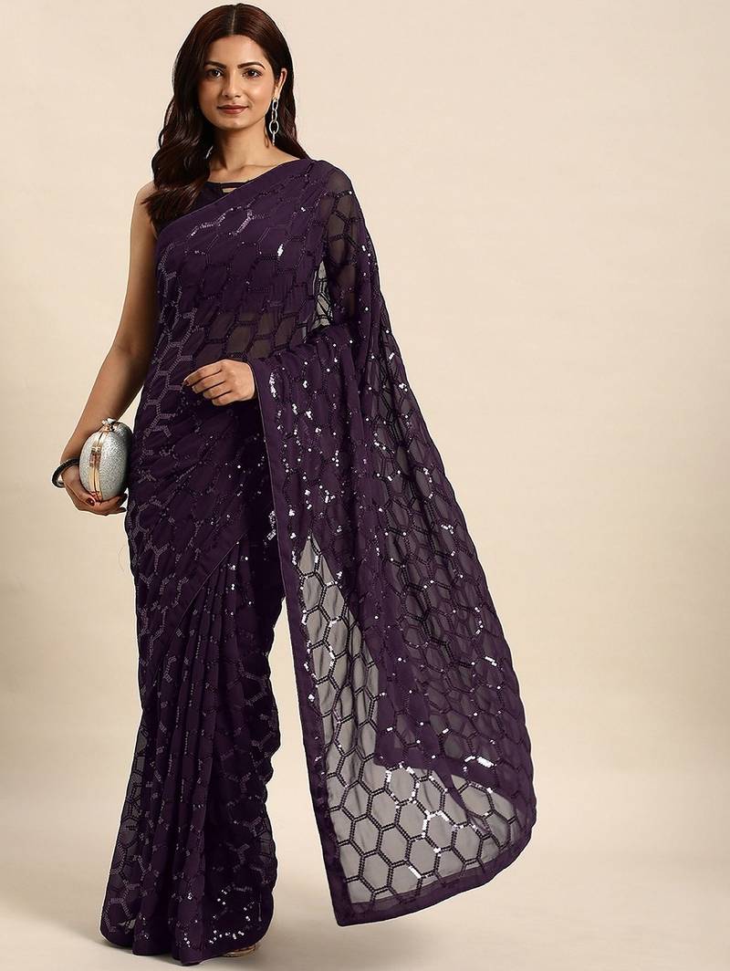 Women gorgette wine zari lace work saree