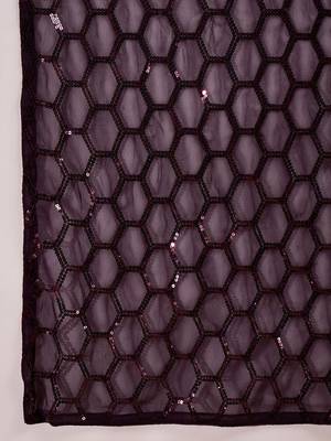 Women gorgette wine zari lace work saree 2