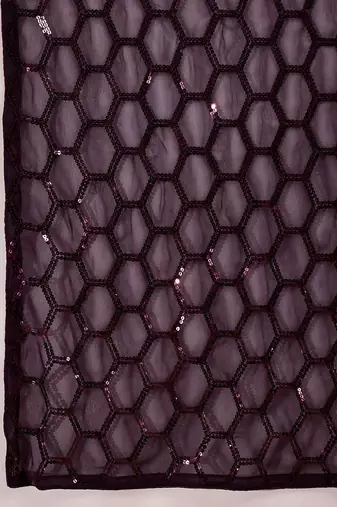 Women gorgette wine zari lace work saree
