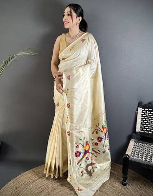 Women off-white parrot & floral woven design lichi silk saree 1