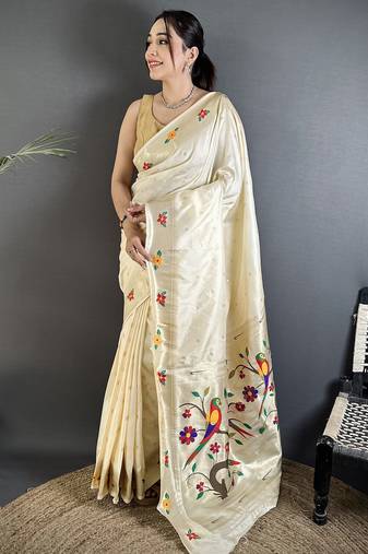 Women off-white parrot & floral woven design lichi silk saree