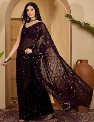 Women gorgette wine zari lace work saree 3