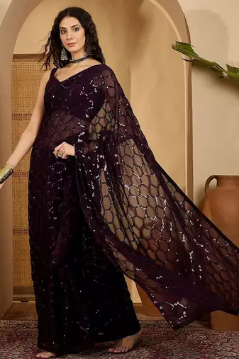 Women gorgette wine zari lace work saree