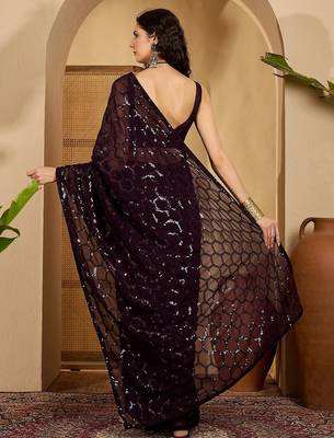 Women gorgette wine zari lace work saree 4