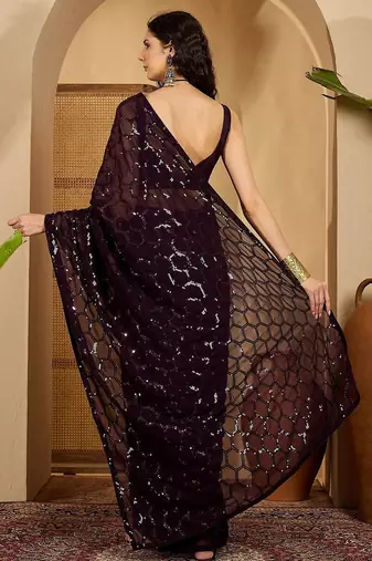 Women gorgette wine zari lace work saree