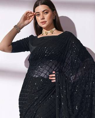 Women gorgette black zari lace work saree 2