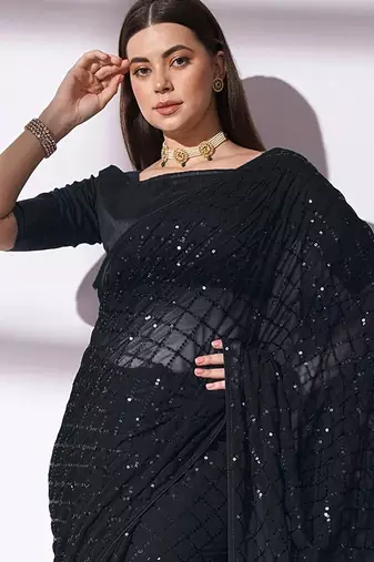 Women gorgette black zari lace work saree