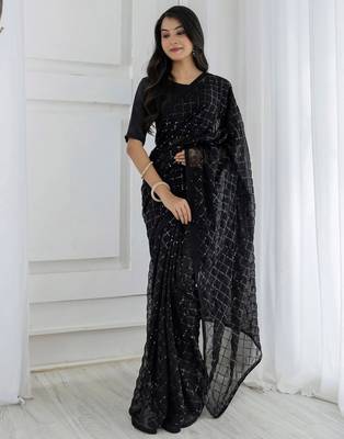 Women gorgette black zari lace work saree 1