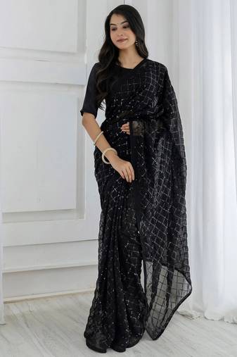 Women gorgette black zari lace work saree