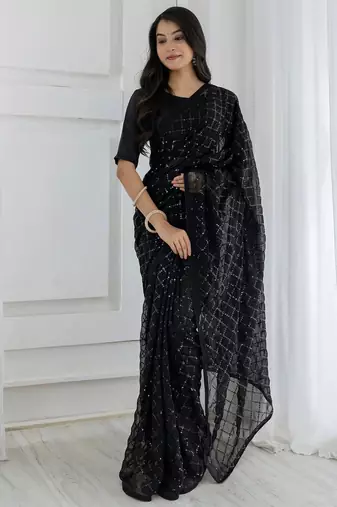 Women gorgette black zari lace work saree