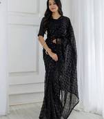Women gorgette black zari lace work saree