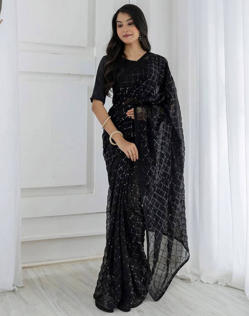 Women gorgette black zari lace work saree